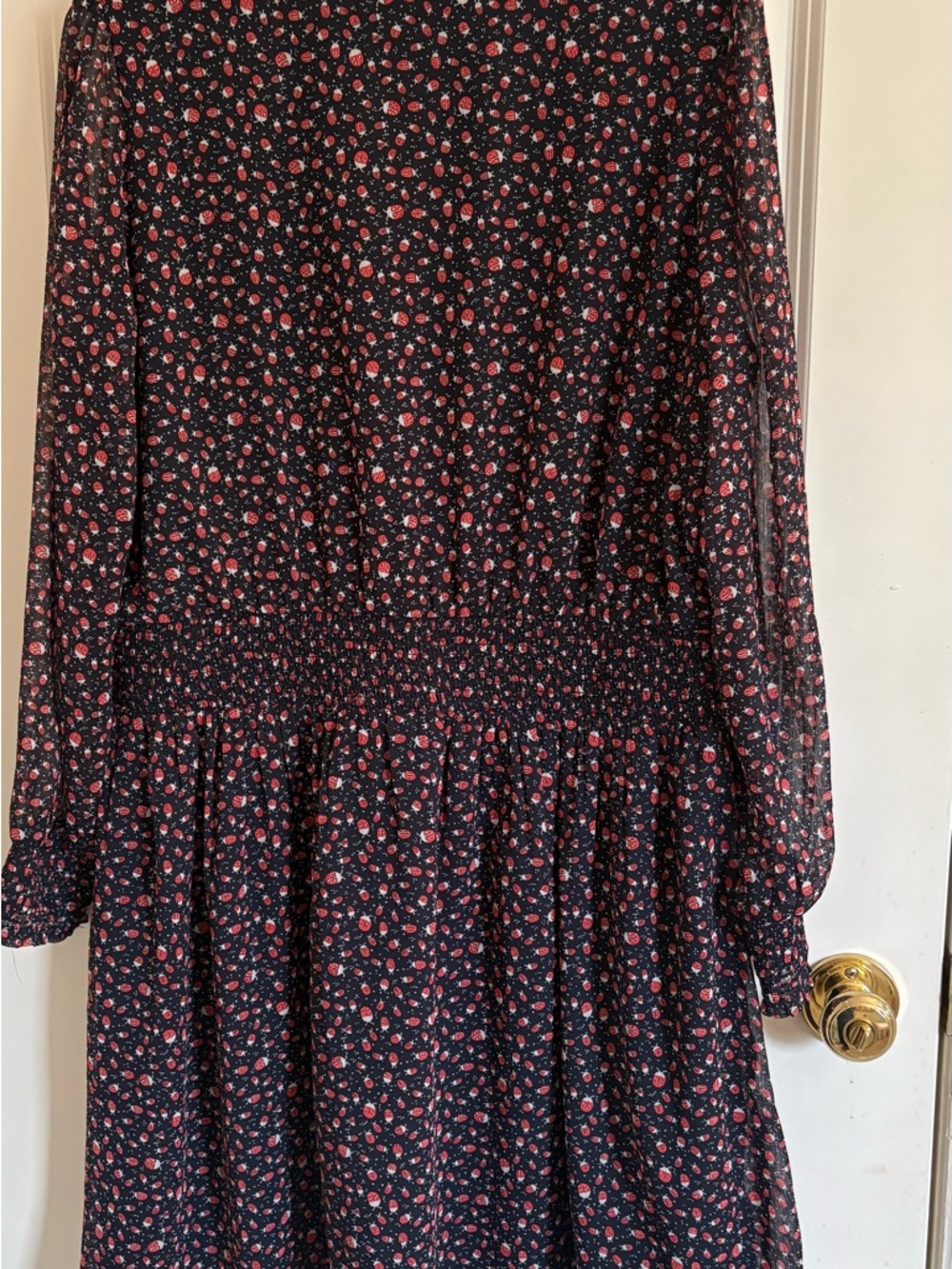 LOFT Navy Ladybug Print V Neck Dress with Smocked Waist and Cuffs - Picture 5 of 5